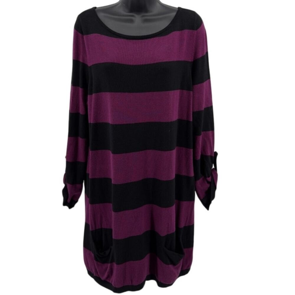 Caslon Sweater Tunic Womens L Berry Black Striped Roll Tab Sleeves Knit Pullover